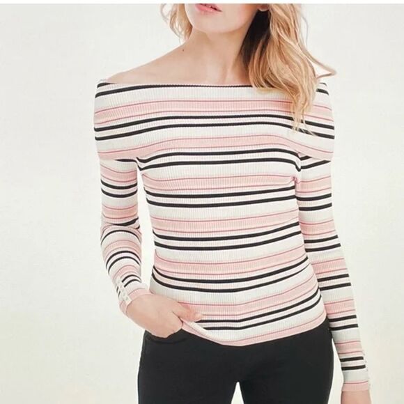 NWT WHBM Off The Shoulder Striped Pullover Sweater M - Picture 1 of 6